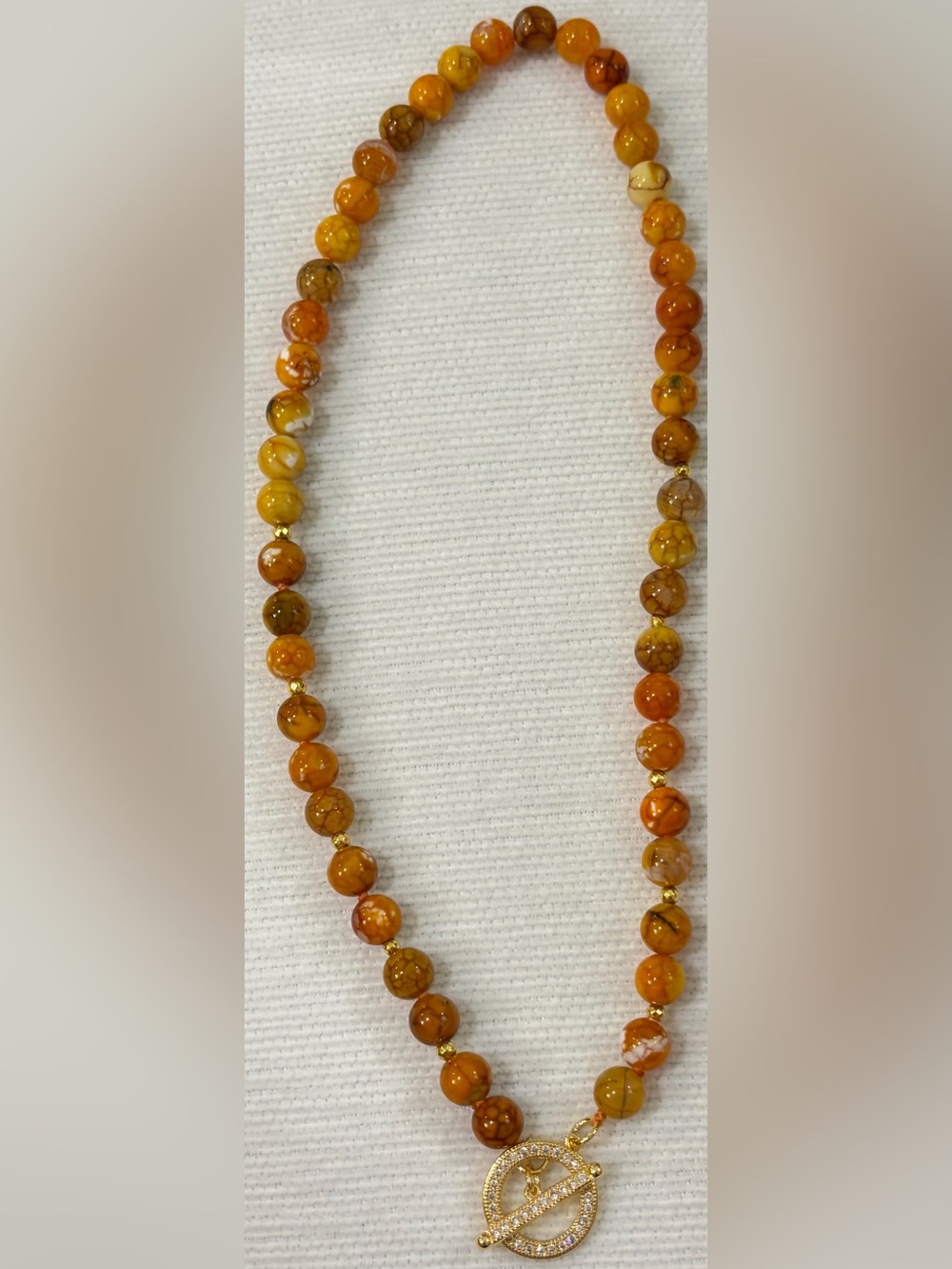 NEW Amber Agate Bead Necklace - Elegant Women’s Jewelry Pave Gold Tone Clasp 18”